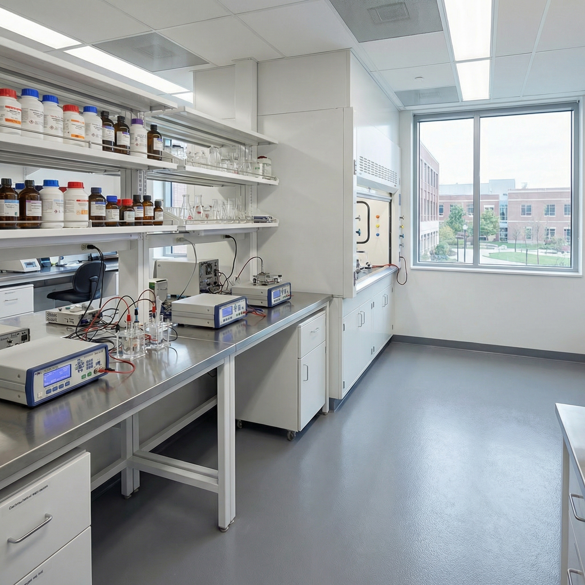 Analytical laboratory with instruments and chemical reagents